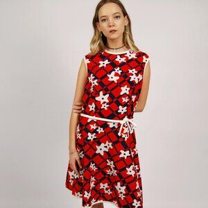 60s Graphic Print Dress (M) medium red blue vintage midi mod retro rockabilly